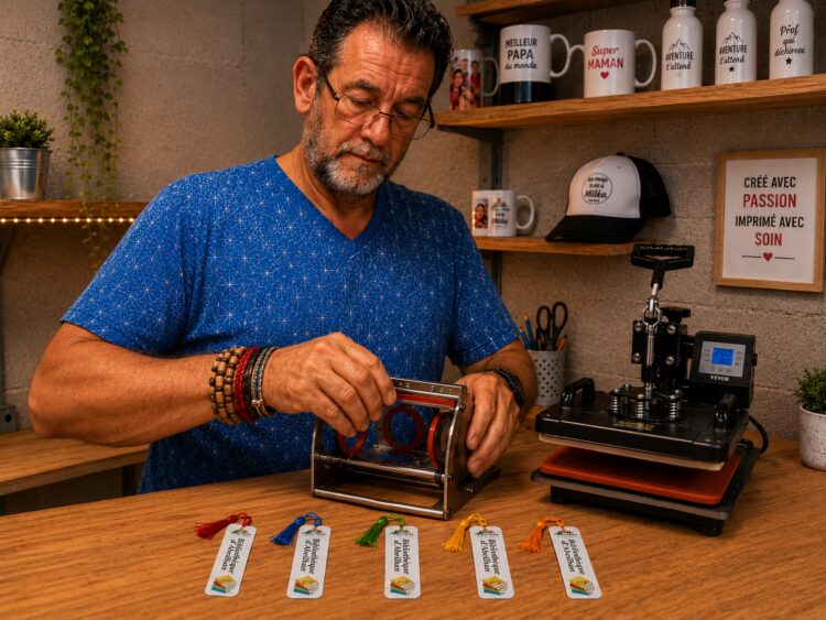 Bruno, artisan créateur de Les Mugs de Miléa, personnalise un objet à la presse à chaud dans son atelier à Abeilhan
