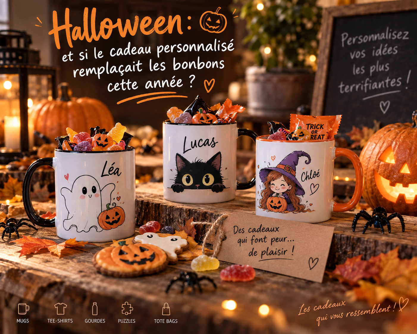 Cadeau personnalisé Halloween : mugs avec fantôme, chat noir et sorcière
